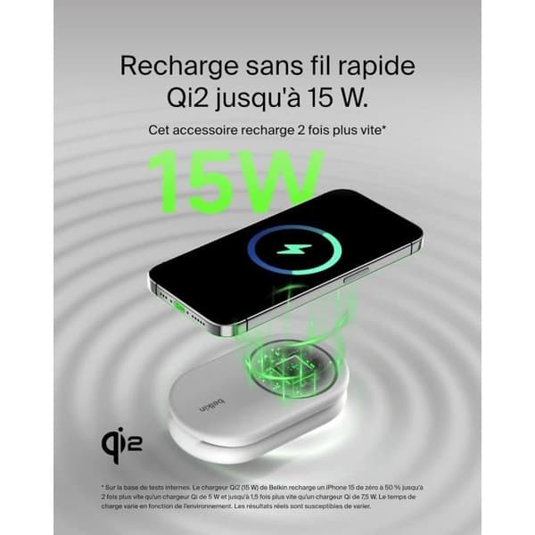 Trådlös Laddare - BELKIN - BoostCharge - 15 W Qi2 - Kompatibel med MagSafe - 2-i-1 Fällbar