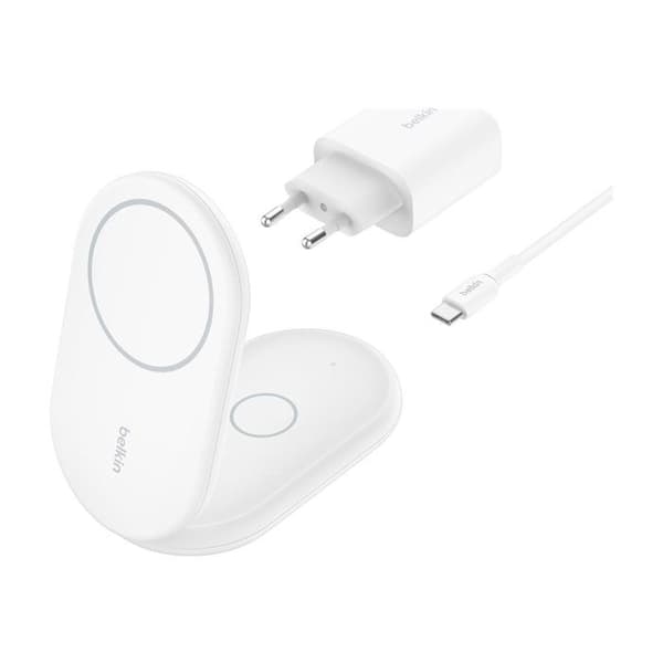 Trådlös Laddare - BELKIN - BoostCharge - 15 W Qi2 - Kompatibel med MagSafe - 2-i-1 Fällbar Vit