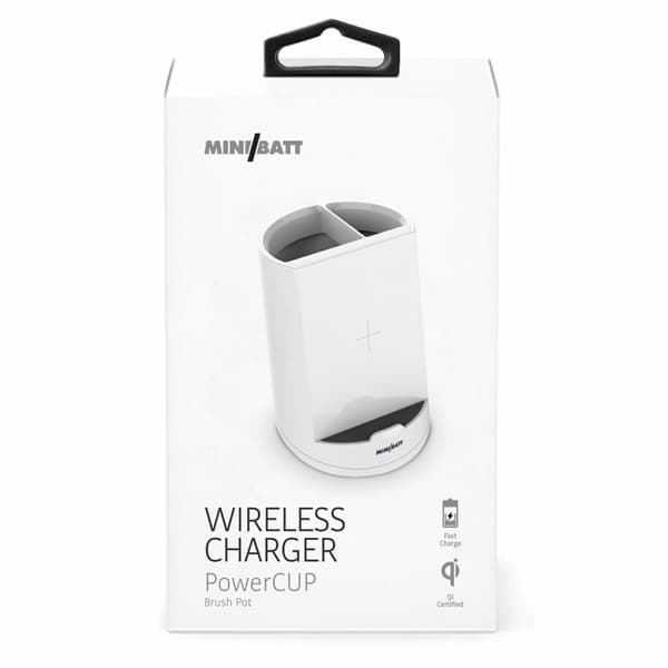 Trådløs oplader med mobilholder MiniBatt PowerCUP Kuglepen Hvid