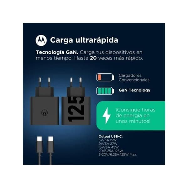 Nätadapter - Motorola - SJMC1252 - Snabbladdning 125 W - USB-C-kabel ingår - Svart