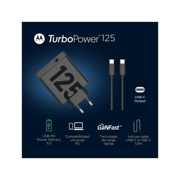 Nätadapter - Motorola - SJMC1252 - Snabbladdning 125 W - USB-C-kabel ingår - Svart