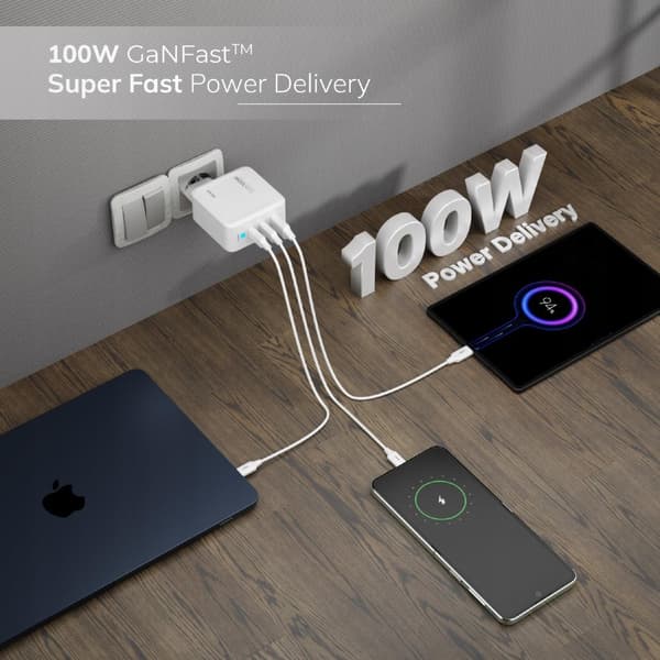 HURTIG USB C OPLADER UNIVERSAL 3x USB 100W TYPE C + USB C KABEL 100W