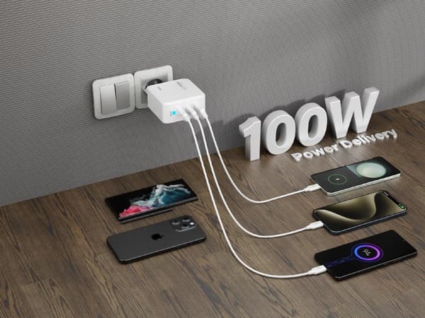 HURTIG USB C OPLADER UNIVERSAL 3x USB 100W TYPE C + USB C KABEL 100W