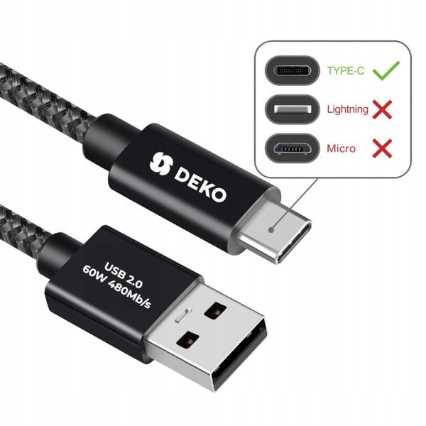 USB C KABEL 1M 60W PD QC HURTIG OPLADNING KRAFTIG TIL TELEFON SORT DECO