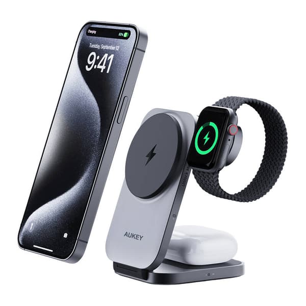 Magnetisk trådlös laddare 3 i 1 MagFusion Aukey LC-MC312, 15W Qi2 (grå)