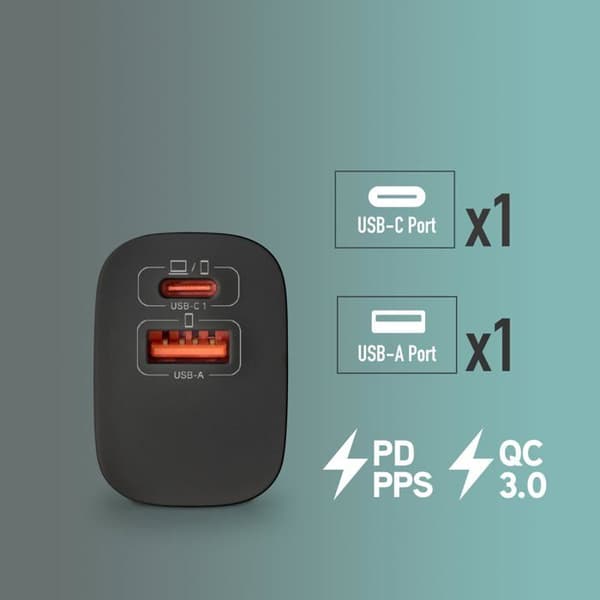 NGS BUD 33W: Universell väggladdare 33W med 2 portar: USB-C + USB-A. Snabb och säker laddning. Samtidig laddning. Svart.