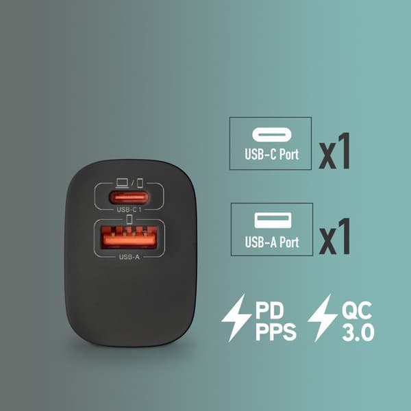 NGS BUD 33W: Universell väggladdare 33W med 2 portar: USB-C + USB-A. Snabb och säker laddning. Samtidig laddning. Svart.
