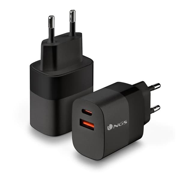 NGS BUD 33W: Universell väggladdare 33W med 2 portar: USB-C + USB-A. Snabb och säker laddning. Samtidig laddning. Svart.