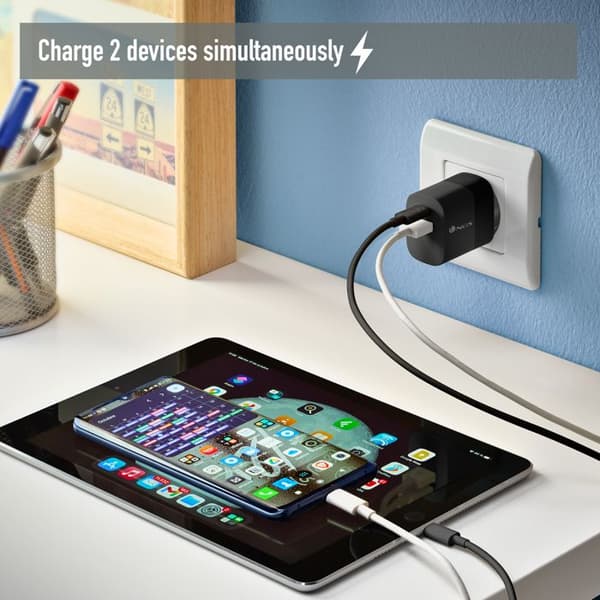 NGS BUD 33W: Universell väggladdare 33W med 2 portar: USB-C + USB-A. Snabb och säker laddning. Samtidig laddning. Svart.