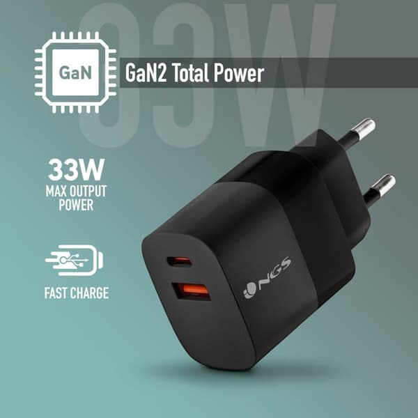 NGS BUD 33W: Universell väggladdare 33W med 2 portar: USB-C + USB-A. Snabb och säker laddning. Samtidig laddning. Svart.