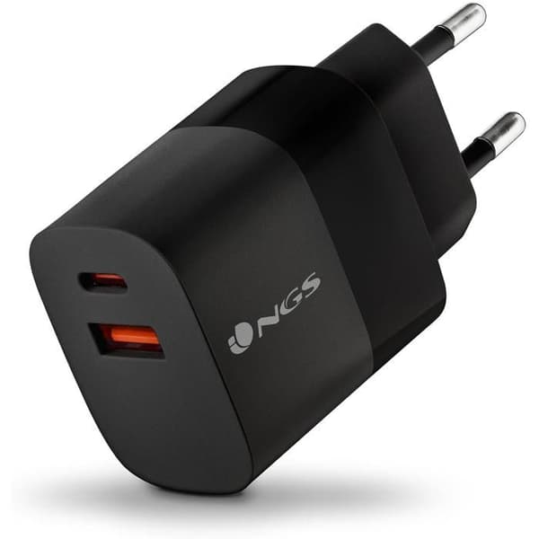 NGS BUD 33W: Universell väggladdare 33W med 2 portar: USB-C + USB-A. Snabb och säker laddning. Samtidig laddning. Svart.