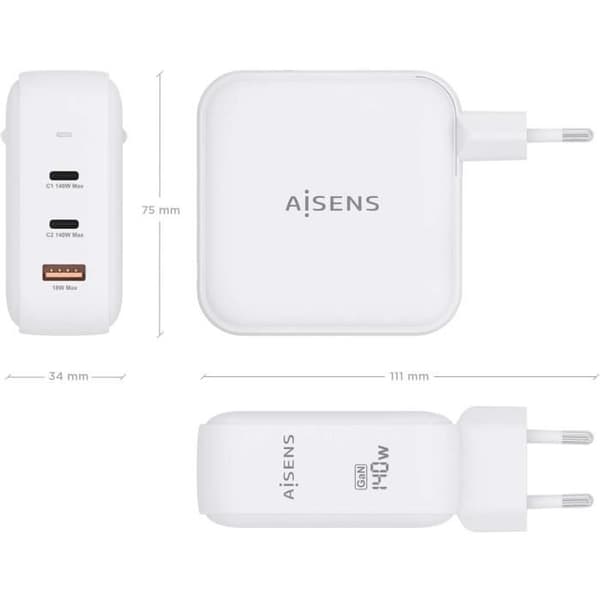 Väggladdare - Aisens - ASCH-140W3P030-W - 140 W - USB x 1 - USB-C x 2 - Snabbladdning