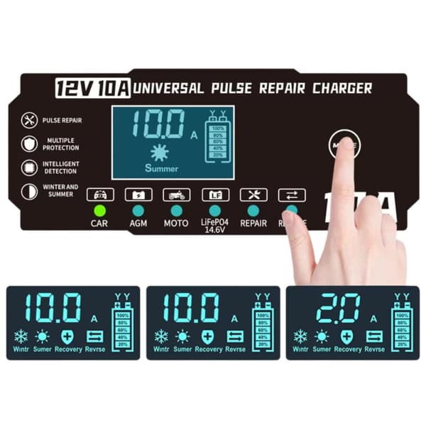 Automatisk bilbatterioplader med batterireparationsfunktion 12V 10A