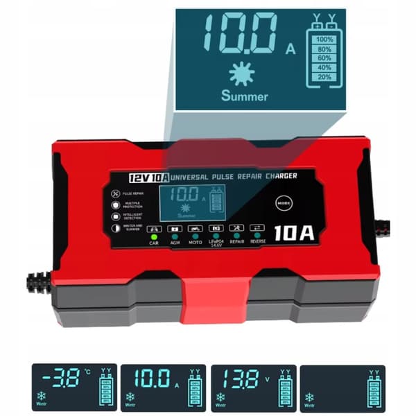 Automatisk bilbatterioplader med batterireparationsfunktion 12V 10A