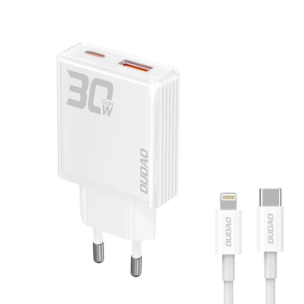 Dudao GaN USB-laturi 30W, jossa 1xUSB, 1xUSB-C ja USB-C Lightning-kaapeli - Valkoinen