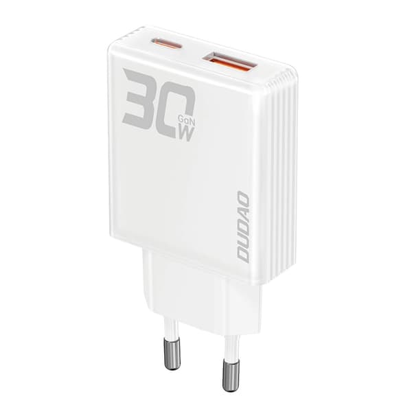 Dudao GaN USB-laturi 30W, jossa 1xUSB ja 1xUSB-C - Valkoinen