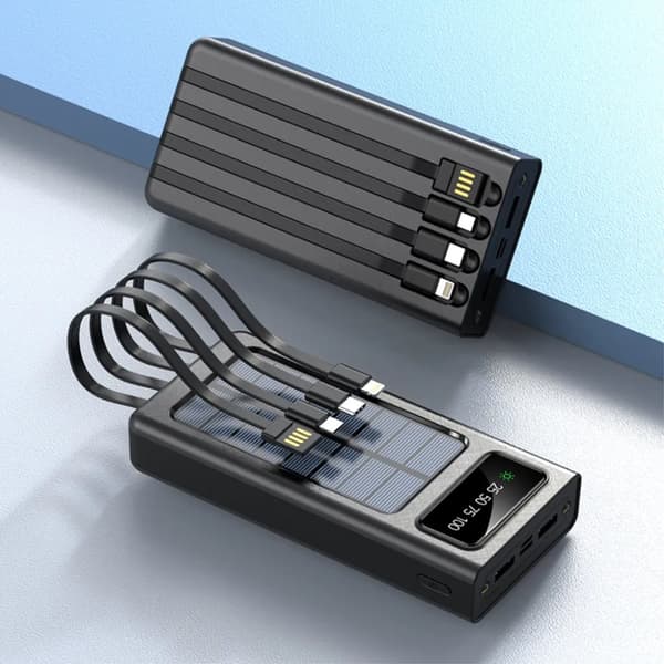 SiGN Solar Powerbank med Inbyggd Kablar, 20000mAh - Svart