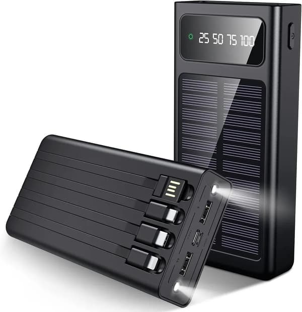 SiGN Solar Powerbank med Inbyggd Kablar, 20000mAh - Svart
