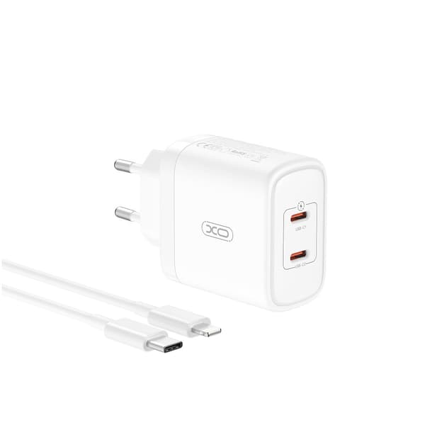 XO USB-laddare med 2xUSB-C PD 50W + USB-C till Lightning-kabel
