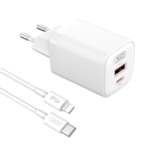 XO Vegglader PD 30W QC3.0 18W med 1xUSB og 1x USB-C + USB-C til Lightning-kabel