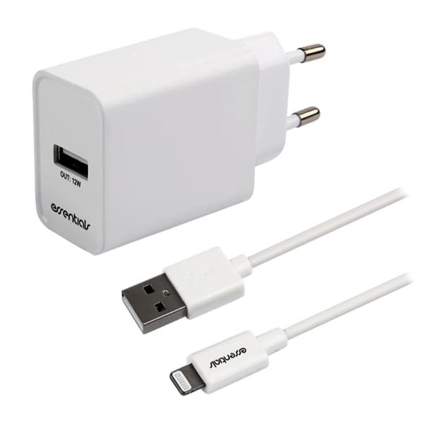 Essentials USB-laddare 12W MFI med USB till Lightning-kabel - Vit