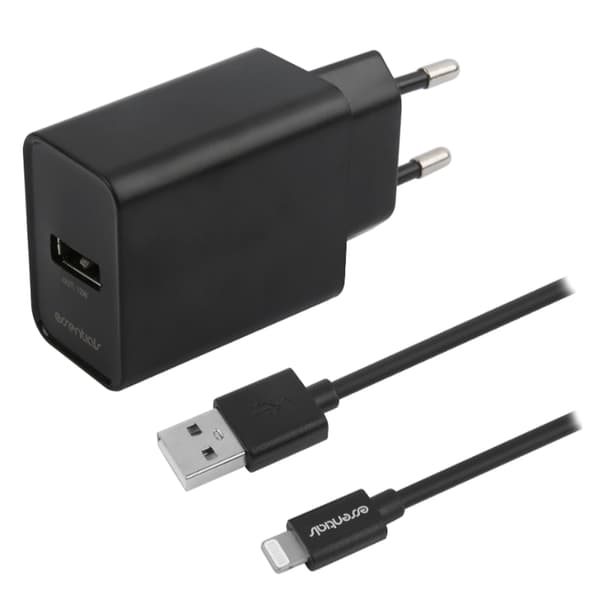 Essentials USB-laddare 12W MFI med USB till Lightning-kabel - Svart