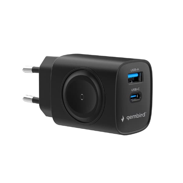 2i1 Väggladdare med Trådlös laddning för Apple Watch + 1XUSB och 1xUSB-C 20W Svart