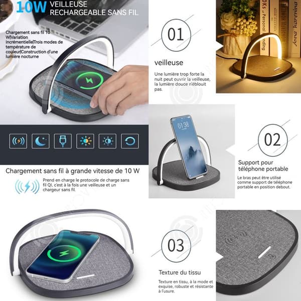 INN 10w snabb trådlös laddare med nattlampa USB induktionsladdare kompatibel multifunktionell kompakt och bärbar sänglampa