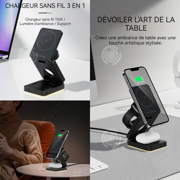 INN 3-i-1 Laddningsstation 15W med LED-ljus Fällbart Typ-C-gränssnitt Telefon Strömadapter Trådlös laddare nr