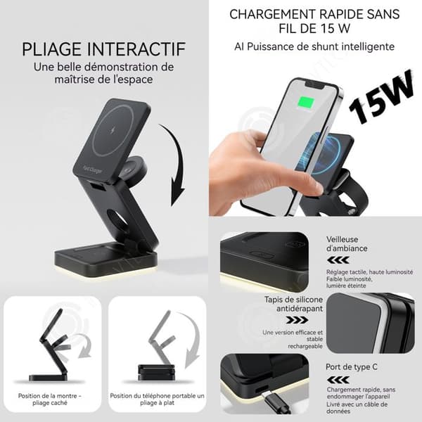 INN 3-i-1 Laddningsstation 15W med LED-ljus Fällbart Typ-C-gränssnitt Telefon Strömadapter Trådlös laddare nr