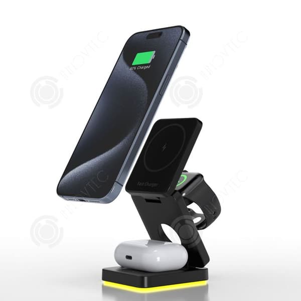 INN 3-i-1 Laddningsstation 15W med LED-ljus Fällbart Typ-C-gränssnitt Telefon Strömadapter Trådlös laddare nr
