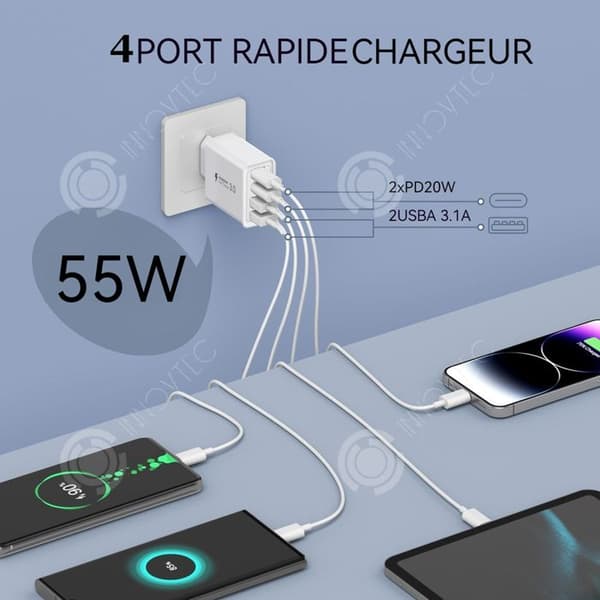 INN Snabb usb c laddare 55w 4 portar PD 20w dubbel PD och dubbel usb multisektor PD+QC 3.0A snabbladdare multipel usb laddare