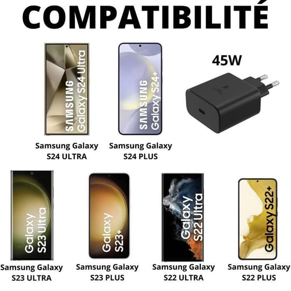 Snabbladdare 45W - Phonillico - USB-C - 1 meter - Kompatibel med Samsung Galaxy S24/S23/S22
