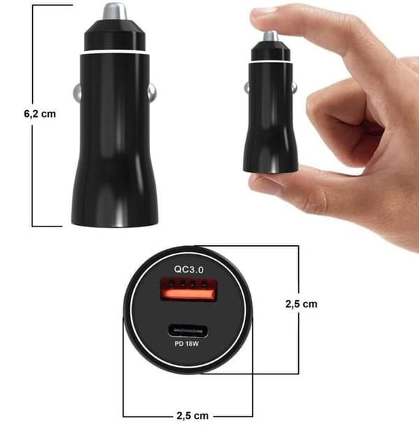 Snabbladdare för bil - Phonillico® - iPhone 16/16 PLUS/16 PRO/16 PRO MAX - 18W - USB - USB-C
