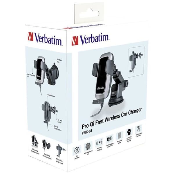 Verbatim FWC-03 Pro Qi Snabb trådlös Billaddare USB Induktiv Laddningsstation Svart