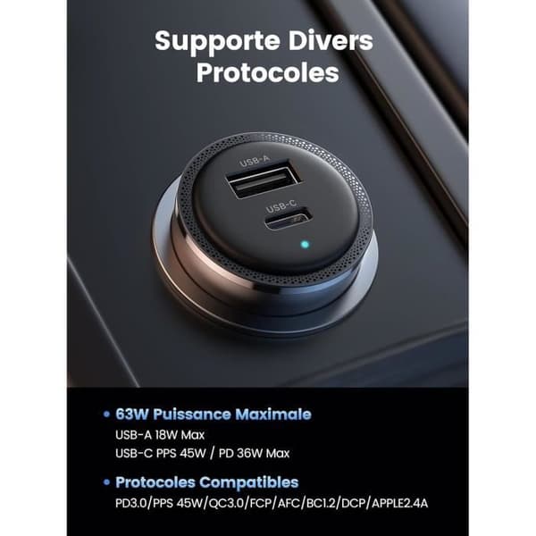 USB C Bil Laddare - UGREEN - 63W - 45W PPS - 30W PD QC 3.0 - Snabbladdning