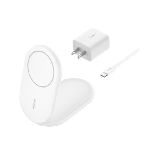 Belkin BoostCharge trådlöst laddställ - magnetisk, hopfällbar, med Qi2 - + växelströmsadapter - 15 Watt Vit