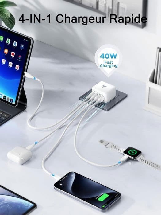 USB C-laddare, USB-strömbrytare-40W-4 portar (dubbel USB C-port + dubbel USB A-port) - Snabbladdare för telefon, iPad, Samsung Galaxy