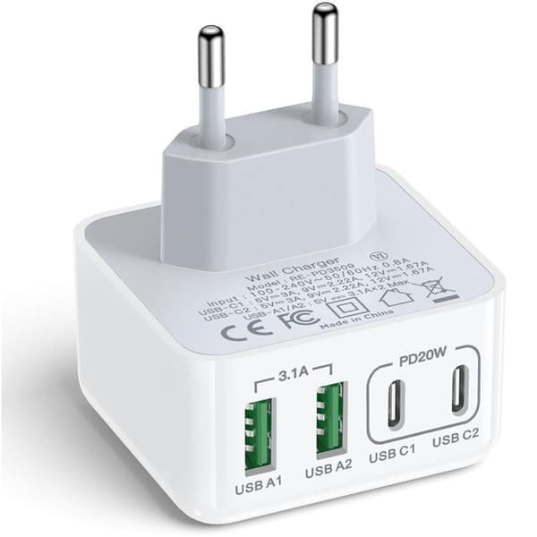 USB C-laddare, USB-strömbrytare-40W-4 portar (dubbel USB C-port + dubbel USB A-port) - Snabbladdare för telefon, iPad, Samsung Galaxy