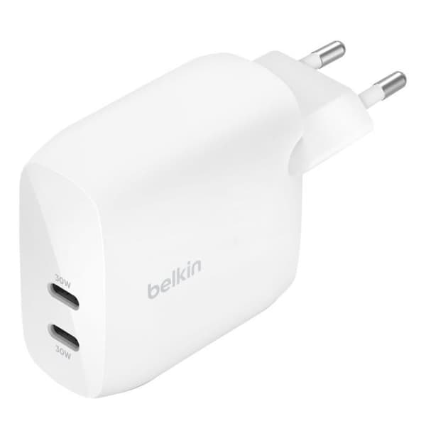 Laddare Vägg 2x USB C 30W Power Delivery PPS Kompakt Format Belkin Vit