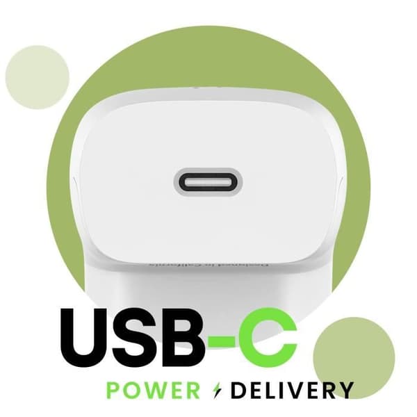 USB C Strömadapter 20W Platt Format USB C till Lightning Kabel 1m Belkin Vit