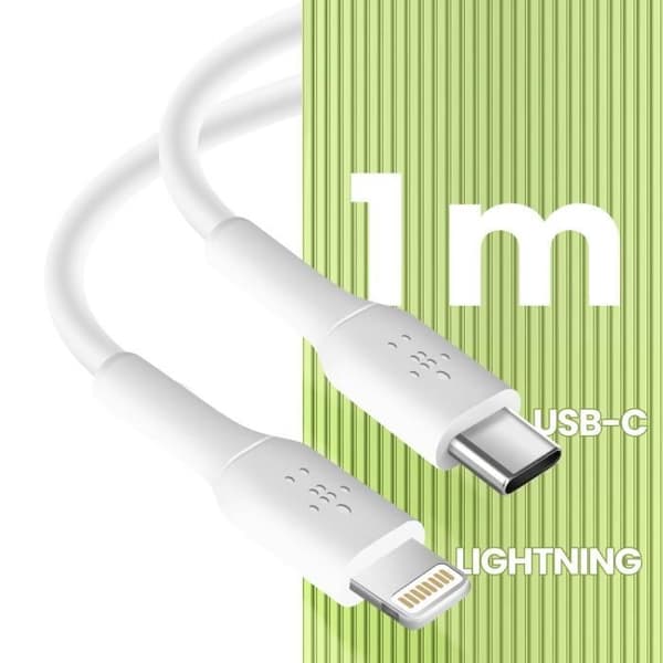 USB C Strömadapter 20W Platt Format USB C till Lightning Kabel 1m Belkin Vit