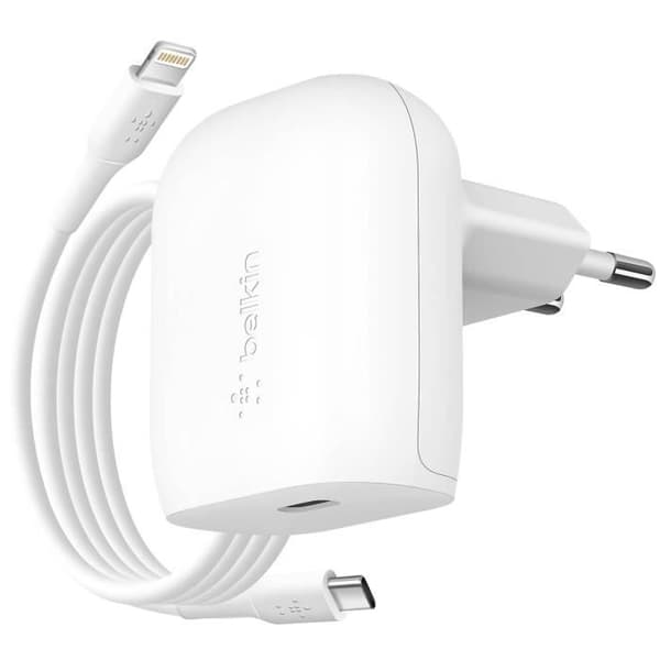 USB C Strömadapter 20W Platt Format USB C till Lightning Kabel 1m Belkin Vit