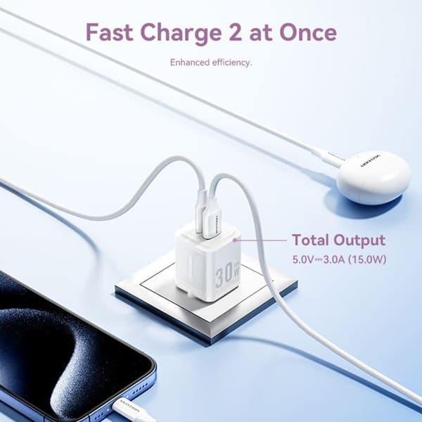 GaN-laddare, Typ-C, USB, PD30W, dubbel snabb laddning - Vention (FEQB0-EU) - Svart
