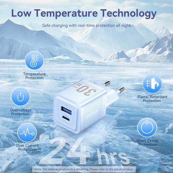 Laddare GaN, Typ-C, USB, PD30W, dubbel snabbladdning - Vention (FEQW0-EU) - Vit