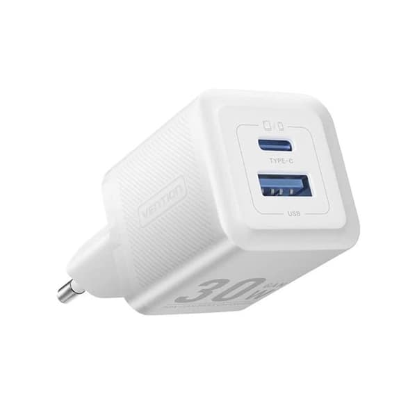 Laddare GaN, Typ-C, USB, PD30W, dubbel snabbladdning - Vention (FEQW0-EU) - Vit
