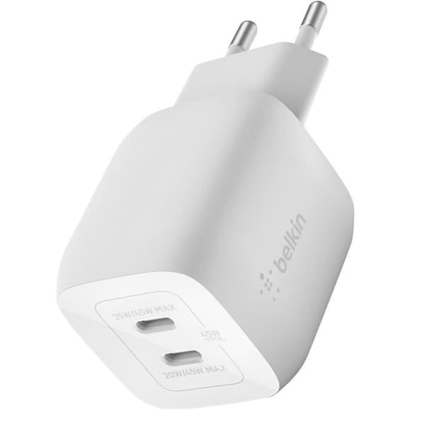 Laddare För Sektor Dubbel USB C 45W GaN och PPS Ultrasnabb Kompakt Belkin Vit