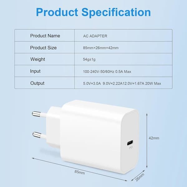 USB C-laddare 20W - Ospecificerad - Väggadapter - Snabbladdning - 2M kabel - Överhettningsskydd