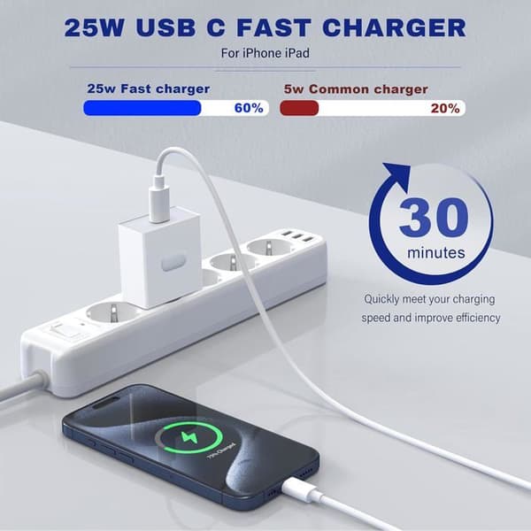 USB C-laddare - Ospecificerad - 25W - Snabbladdning - 2m kabel - Flera skydd