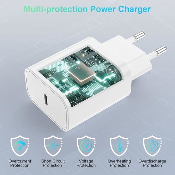 Snabb Laddare - Apple - iPhone 16/15 - 20W - USB-C Kabel 2m - Säkerhetsskydd